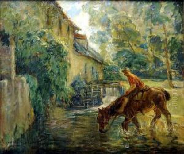 [cheval A L'abreuvoir.] Oil Painting by Willem Van Den Bruel