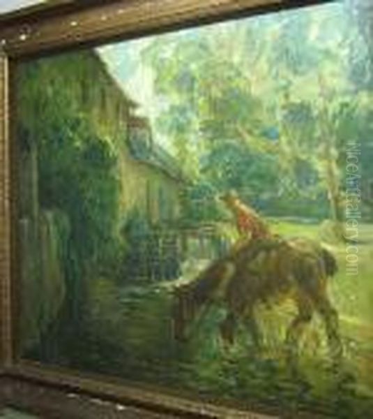 Man Te Paard Bij De Watermolen. Oil Painting by Willem Van Den Bruel