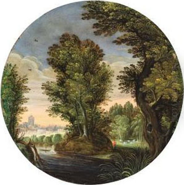 Bewaldete Landschaft Miteinem Hirten Und Stadt Im Hintergrund Oil Painting by Willem Van Den Bundel