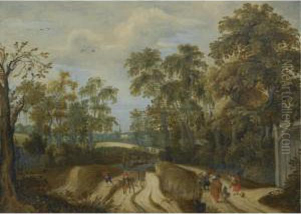 Peasants On A Country Road At A Forest Edge, A Church Beyond Oil Painting by Willem Van Den Bundel