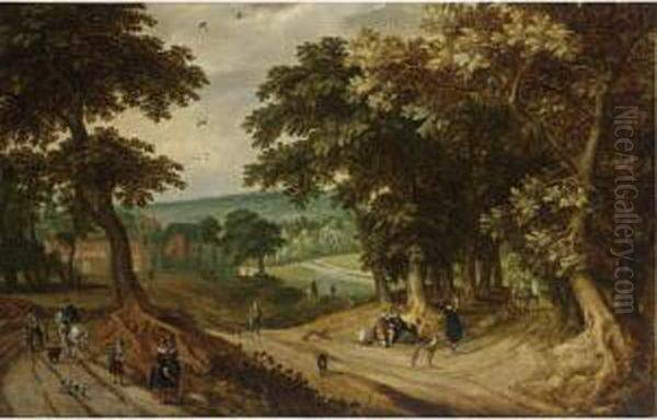 An Extensive Wooded Landscape With Elegant Figures Walking And Resting Together With Sportsmen And Their Dogs, A Town Beyond Oil Painting by Willem Van Den Bundel