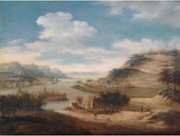 Vue D'un Village En Bord De Riviere
 [dirk Van Der Burg, View Of A Village By A River, Oil On Canvas ] Oil Painting by Dirck Van Den Burg