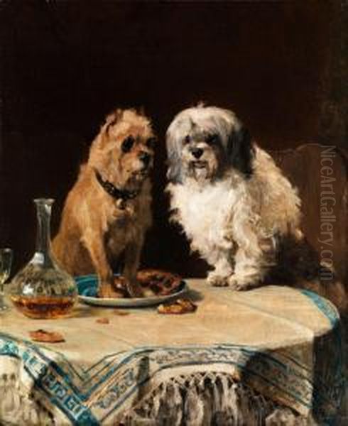 Zwei Sich Auf Dem Esstisch Vergnugendehunde Oil Painting by Charles van den Eycken