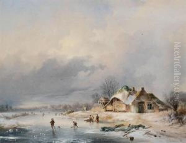 Animated Winter Landscape With Figures Near The Farmhouse Oil Painting by Charles van den Eycken