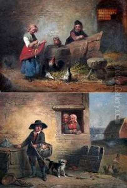 Rabbit Seller And Feeding The Chickens Oil Painting by Felix Van Den Eycken