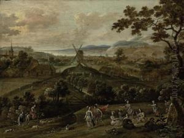 An Extensive Wooded River Landscape With Figures Courting And Merry Making, A Windmill Beyond Oil Painting by Jasper van der Lanen