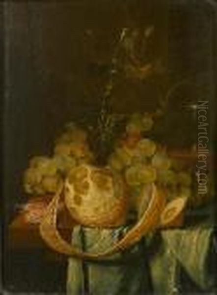 A Still Life With Grapes, A Peeled Lemon And A Glass Of Wine On A Partially-draped Table Oil Painting by Jasper van der Lanen