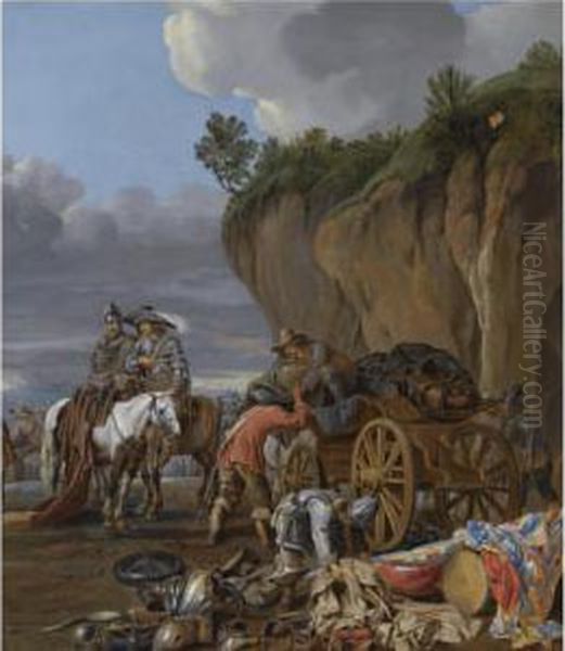 Soldiers Loading A Wagon Oil Painting by Jasper van der Lanen