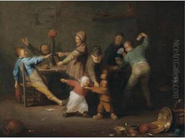 An Interior With Peasants Gambling And Children Play-fighting Oil Painting by Joachim Van Den Heuvel