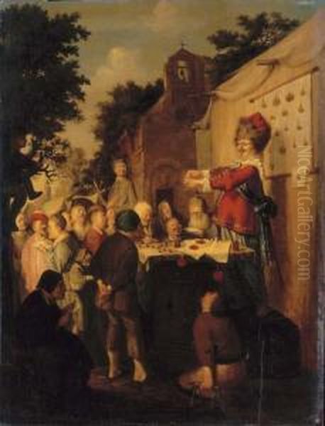 A Mountebank At His Stand In A Rural Fair, With A Church Beyond Oil Painting by Joachim Van Den Heuvel