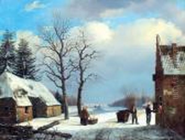 Marchands De Fagots De Bois Dans Un Paysage De Neige Oil Painting by Henricus Leonardus Van Den Houten