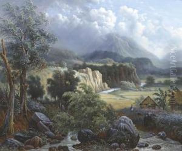 A View Of The River Brantas Meanderingthrough The Highlands Near Batu Oil Painting by Maurits Ernest Hugo Rudolph Van Den Kerckhoff