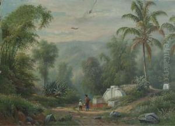 Figures Passing Chinese Graves In An Indonesian Landscape Oil Painting by Maurits Ernest Hugo Rudolph Van Den Kerckhoff