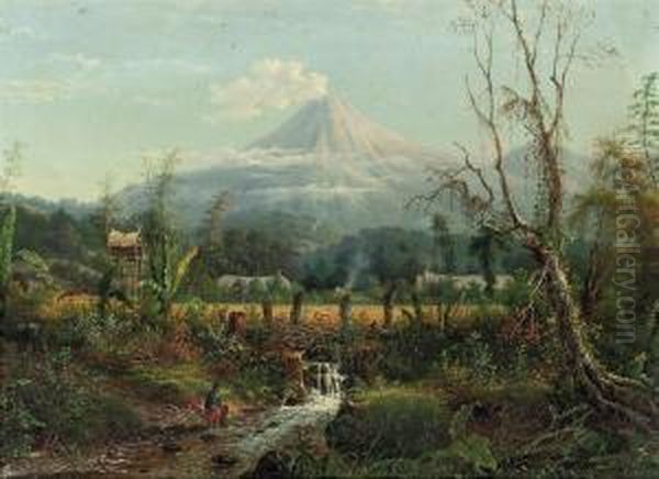 View Of A Kampong With Possibly The Smeroe In The Background Oil Painting by Maurits Van Den Kerkhoff