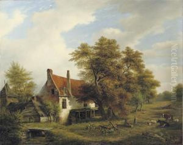 In The Farmyard Oil Painting by Maurits Van Den Kerkhoff