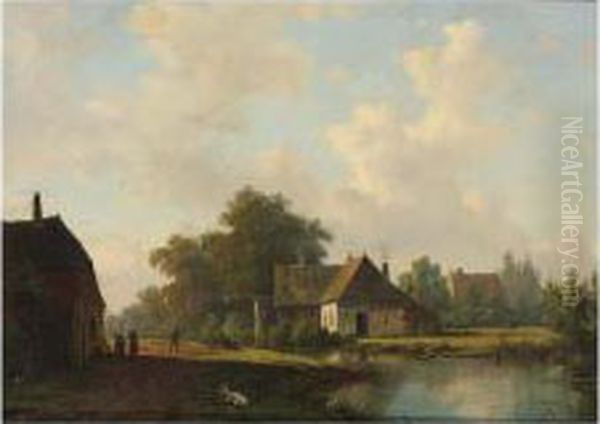 Landscape With Farm And Peasants On A Country Lane Oil Painting by Maurits Van Den Kerkhoff