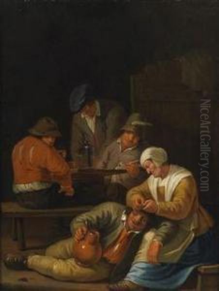 A Tavern Interior Oil Painting by Justus van den Nypoort