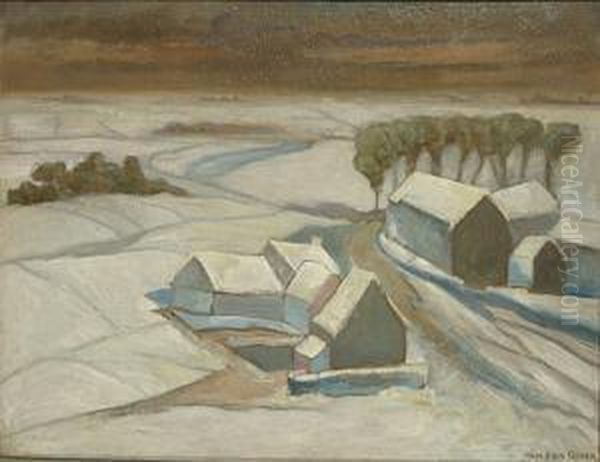 Ferme Sous La Neige Oil Painting by Constant Van Den Oever