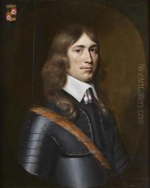 Portrait D'homme En Armure Dans Un Ovale Peint Oil Painting by Crispyn Van Den Queborn