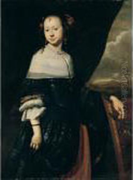 Portrait Of A Young Lady, Three-quarter Length, Standing, Wearing Black, Holding A Sprig Of Orange Blossom Oil Painting by Abraham van den Tempel