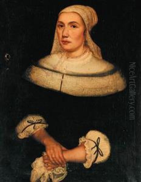 Portrait Of A Lady, Three-quarter-length, In A Black Dress With Alace Collar And Bonnet, Holding A Kerchief Oil Painting by Abraham van den Tempel