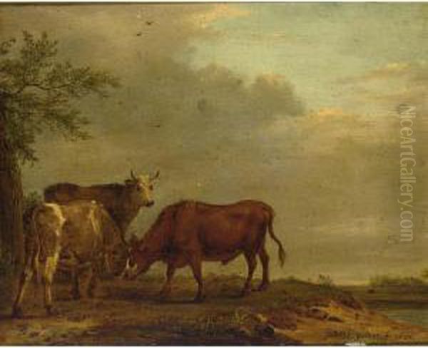 Fighting Bulls In A Landscape Oil Painting by Adriaen Van Den Velde