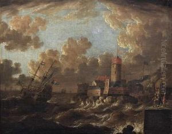 Ships Nextto A Harbour. Inscribed Oil Painting by Pieter Van Den Velden