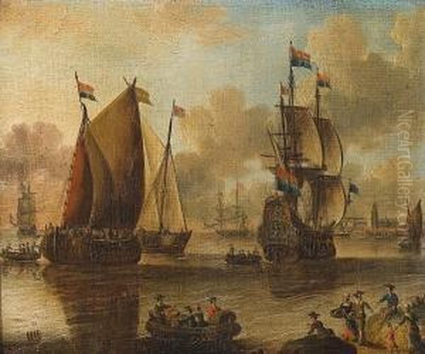 Shipping At Anchor Off A Harbour Town, Figures On The Shore In The Foreground Oil Painting by Pieter Van Den Velden