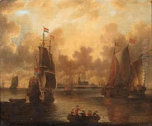 Dutch Shipping At Anchor Off A Coastal Town Oil Painting by Pieter Van Den Velden