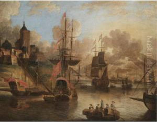 English And Dutch Shipping At Anchor Before An English Fort Oil Painting by Pieter Van Den Velden