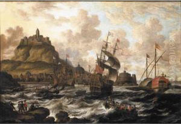 A View Of A Harbour With A Man O' War And A Galley, A Rowing Boat And Figures On A Rock In The Foreground Oil Painting by Pieter Van Den Velden