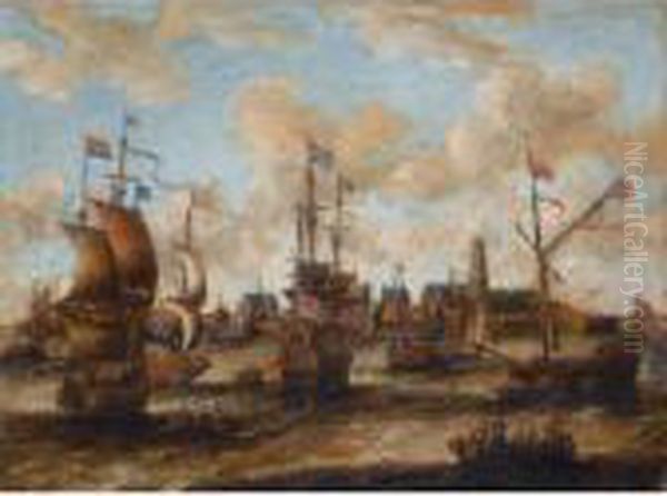 English And Dutch Shipping Off Antwerp Oil Painting by Pieter Van Den Velden