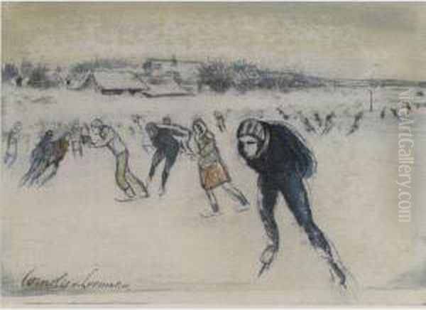 Skaters On The Ice Oil Painting by Cornelis Johannes Van Der Aa