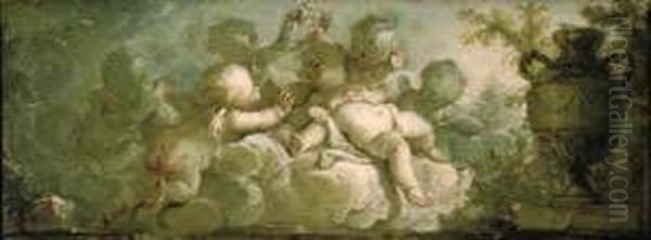 An Overdoor: Putti Desporting On Clouds By A Vase On Pedestal Oil Painting by Dirk Van Der Aa