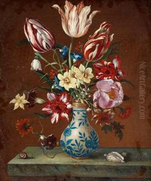 Still Life With Tulips, Narcissus And Peonies Onthe Stone Slab Oil Painting by Balthasar Van Der Ast