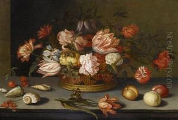 Still Life With Flowers In Aplaited Basket Oil Painting by Balthasar Van Der Ast