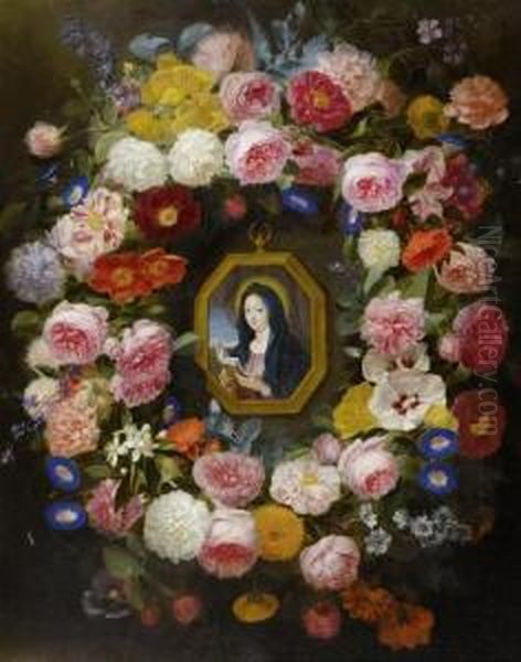 The Madonna And Child In A Floral Garland Surround. Oil Painting by Johannes Antonius van der Baren