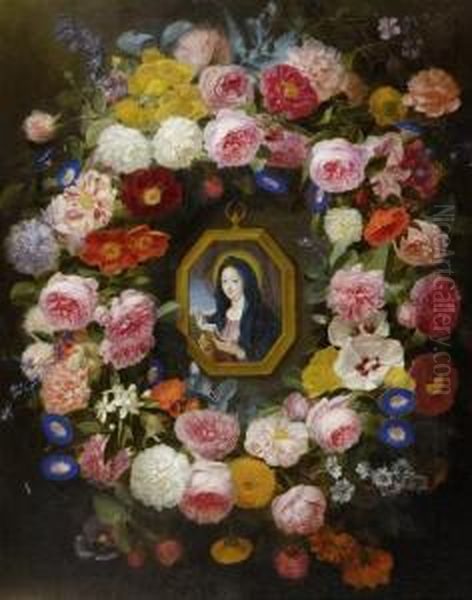 The Madonnaand Child In A Floral Garland Surround Oil Painting by Johannes Antonius van der Baren