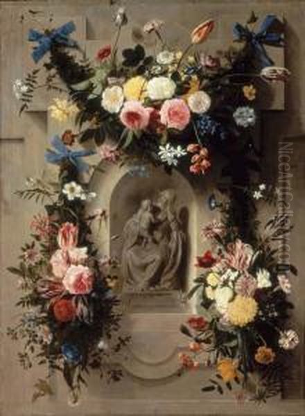 Garlands Of Flowers Surrounding A Statue Of The Madonna And Child In A Niche Oil Painting by Johannes Antonius van der Baren