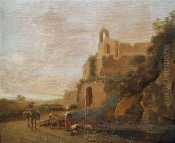 Southern Landscape With Herdsmen And A Traveller In Front Of Ruins. Oil Painting by Rembrandt Van Rijn