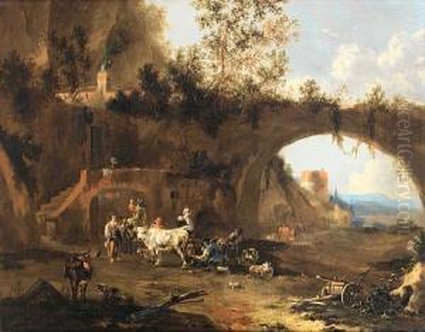 Peasants And Livestock Before A Rusticdwelling In The Roman Campagna, A Ruined Arch And Towerbeyond Oil Painting by Rembrandt Van Rijn