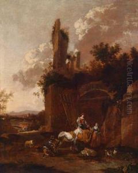 Sudliche Landschaft Mitrastenden Hirtinnen Vor Einer In Einen Stall Umgewandelten Ruine Oil Painting by Rembrandt Van Rijn