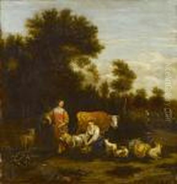 Hirten Und Hirtinnen Mit Ihren Tieren Vor Weiter Landschaft Oil Painting by Rembrandt Van Rijn