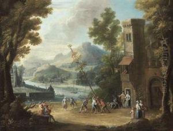 The Raising Of The Maypole Outside A City Gate Near A River Oil Painting by Dominique Joseph Van Der Burch