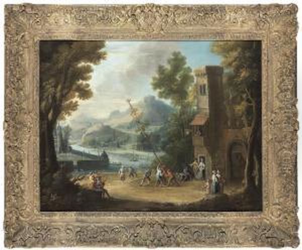 Figures Raising The Maypole, A Harbour, A Castle And A Mountainouslandscape Beyond by Dominique Joseph Van Der Burch