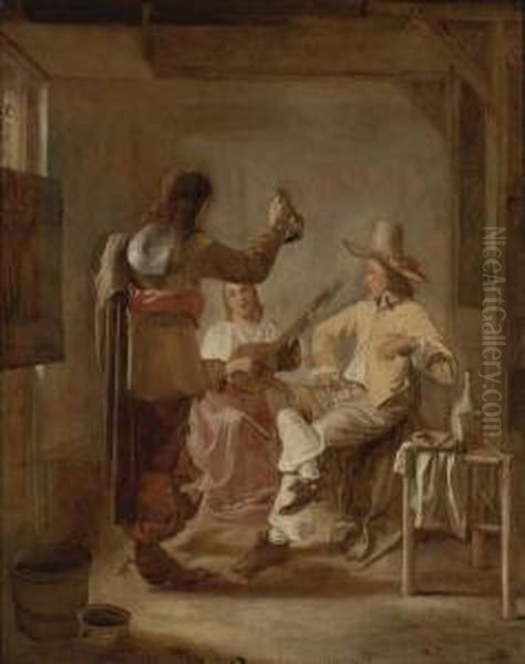 Two Soldiers And A Girl With A Lute Oil Painting by Hendrick Van Der Burch