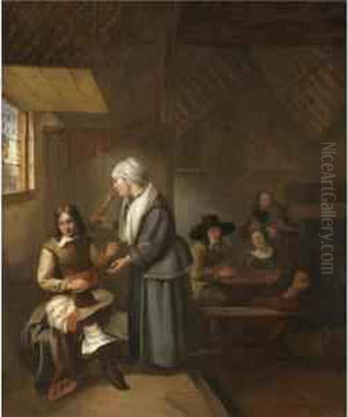 A Tavern Interior With A Soldier Seated Near A Window With A Serving Woman, Figures Playing Cards Behind Oil Painting by Henry Van Der Burch