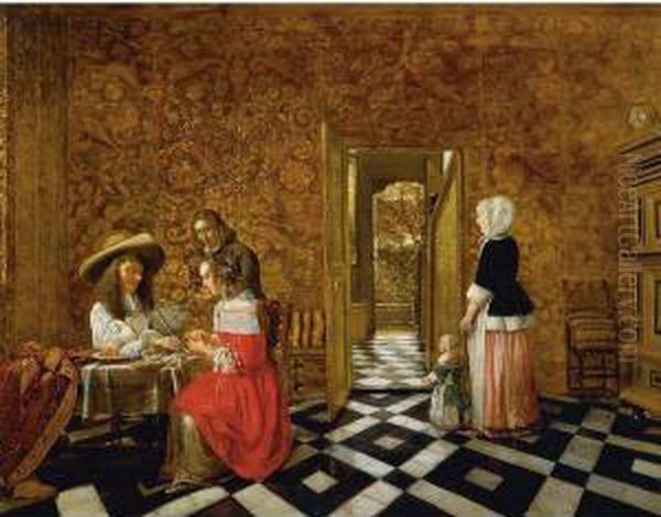 Merry Company At A Table With A Woman And A Child Oil Painting by Henry Van Der Burch