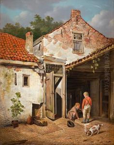 Farm Exterior With Playing Children And A Dog Oil Painting by Hendrick Van Der Burgh