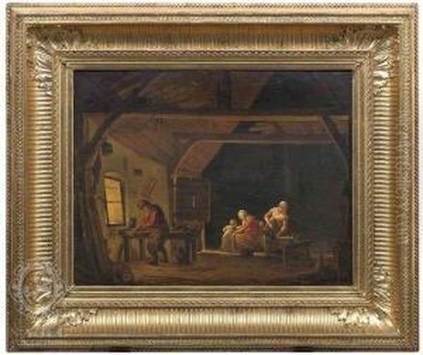 Interior Of A Workshop With A Craftman's Family Oil Painting by Hendrik van der Burgh